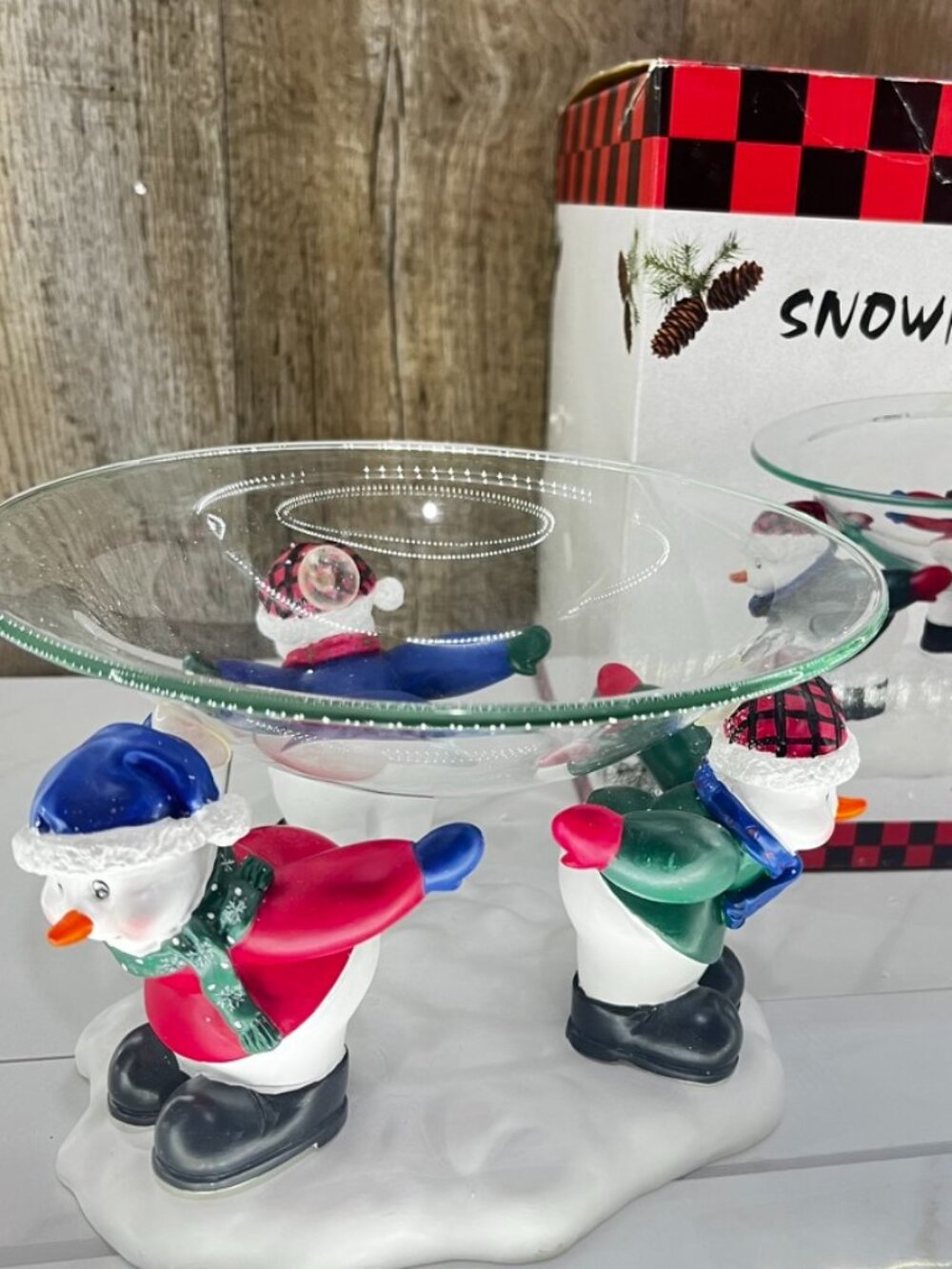 Vtg 3 Snowmen Holding Glass Candy Dish 9x6" With Box Mint Condition